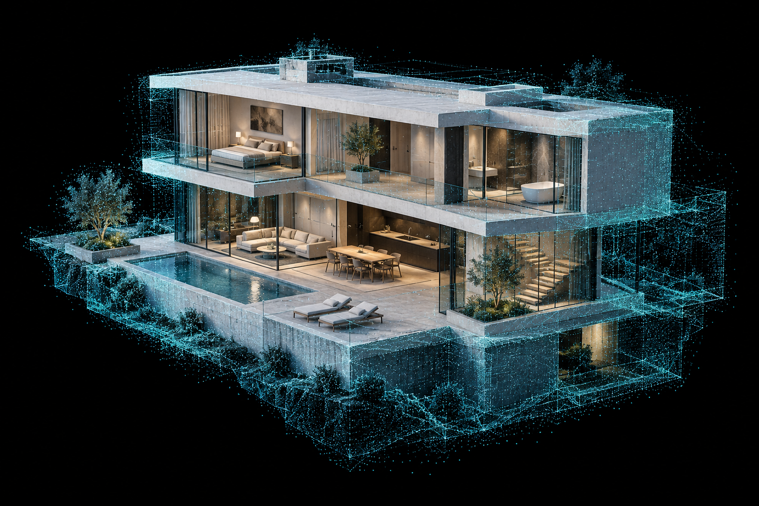 Visual conceptual de una casa digitalizada entre puntos de luz